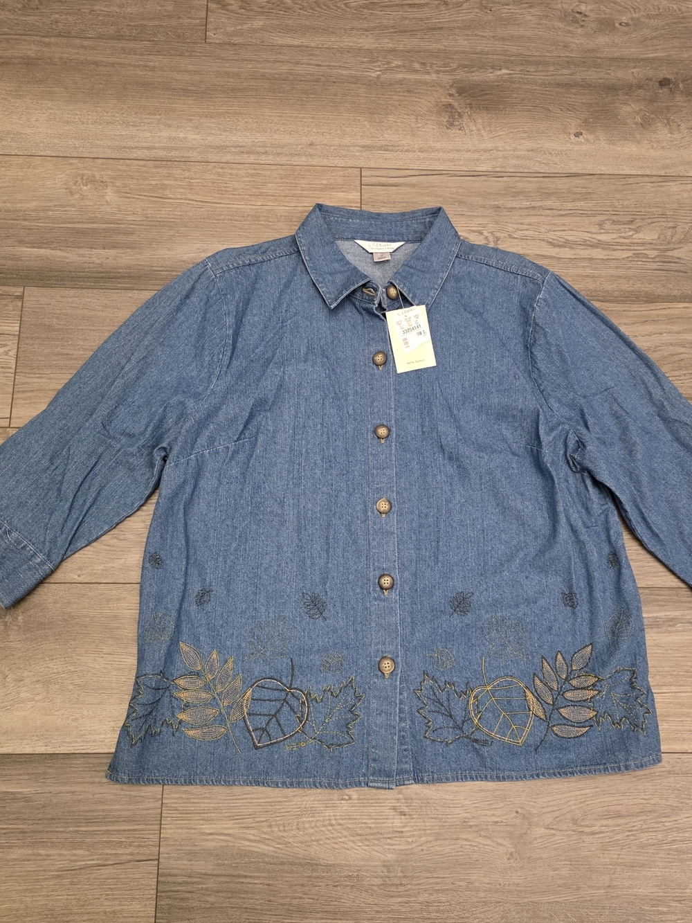 Vtg CJ Banks Embroidered Denim Shirt Size X (14W) Fall Leaves Button-Up
